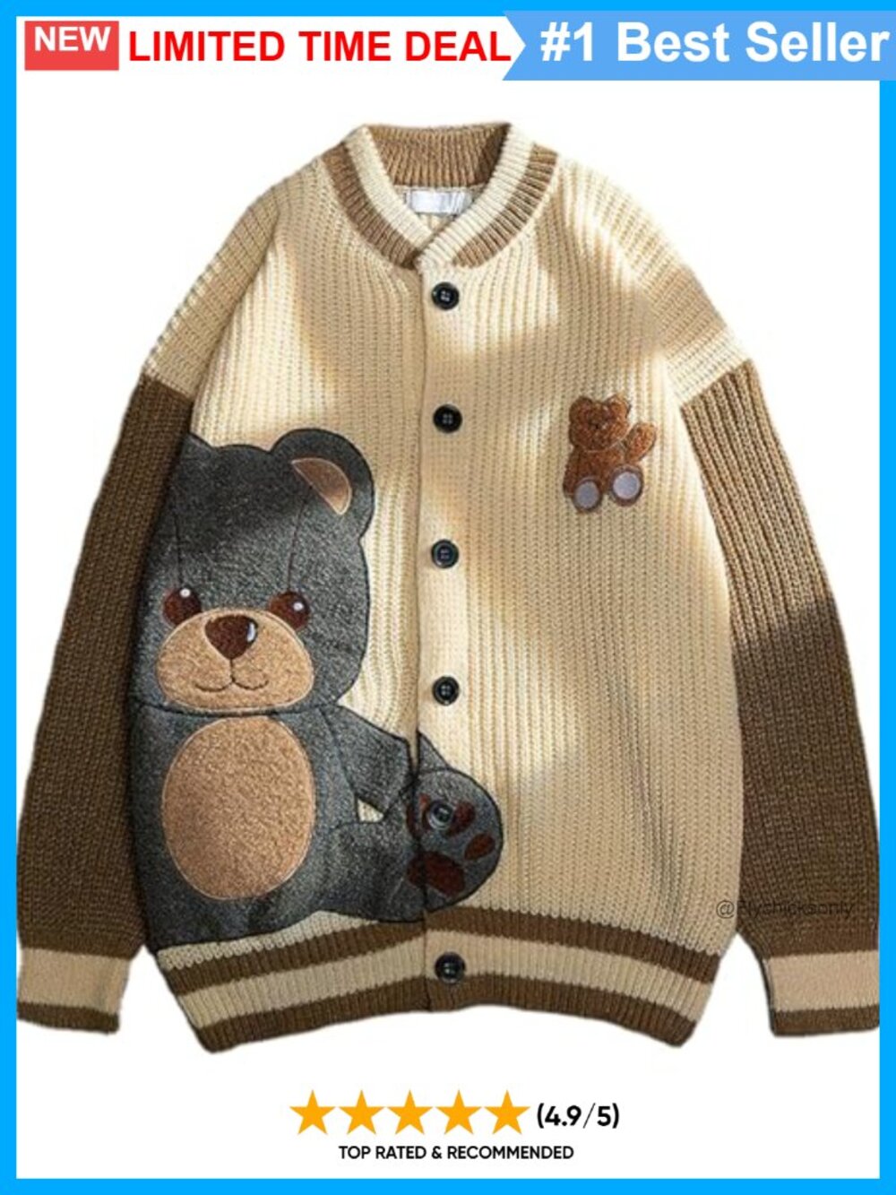 Embroidered Bear Knit Cardigan Button Down Long Sleeve Loose Sweater